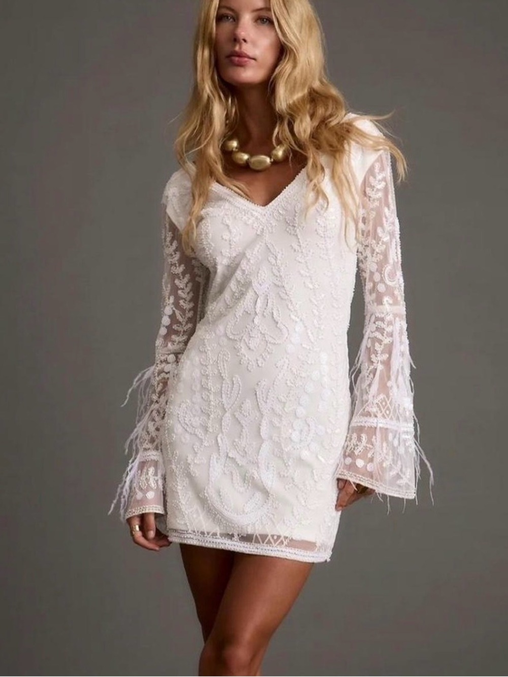 12th Tribe Larisa White Printed Sequin Long Sleeve Dress